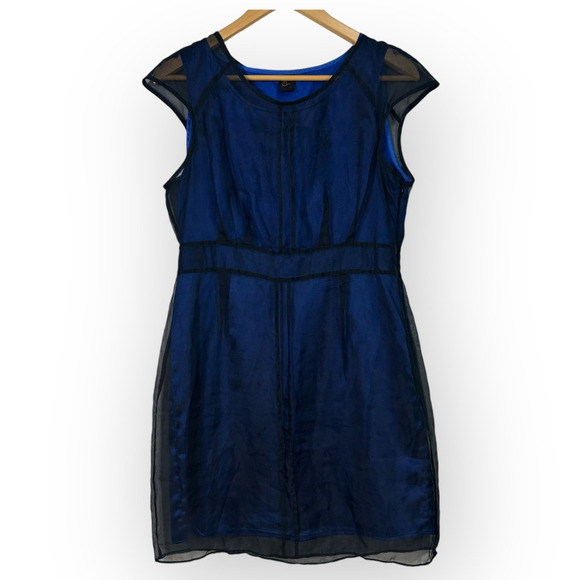 Vintage 90s Luce Silk Chiffon Overlay Sheath Dress Size Large Blue Career Goth - Picture 10 of 15